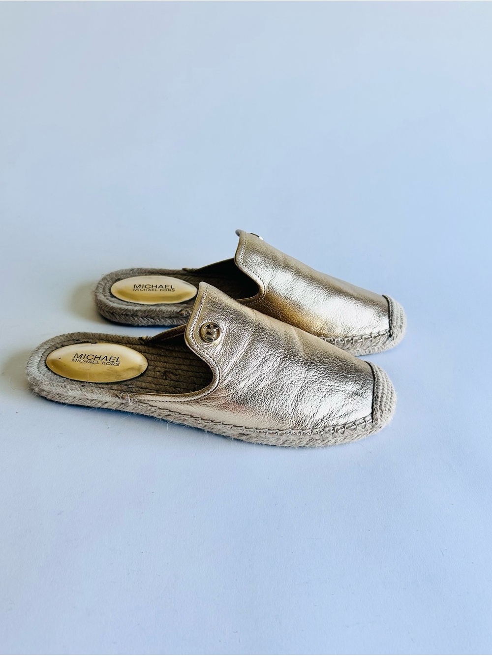 Michael Kors Metallic Gold Leather Rubber Outsole Espadrille Slip-On Mules size7